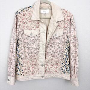 BlankNYC Womens Denim Trucker Jacket Size XS Floral Feminine Pastel Spring Cream